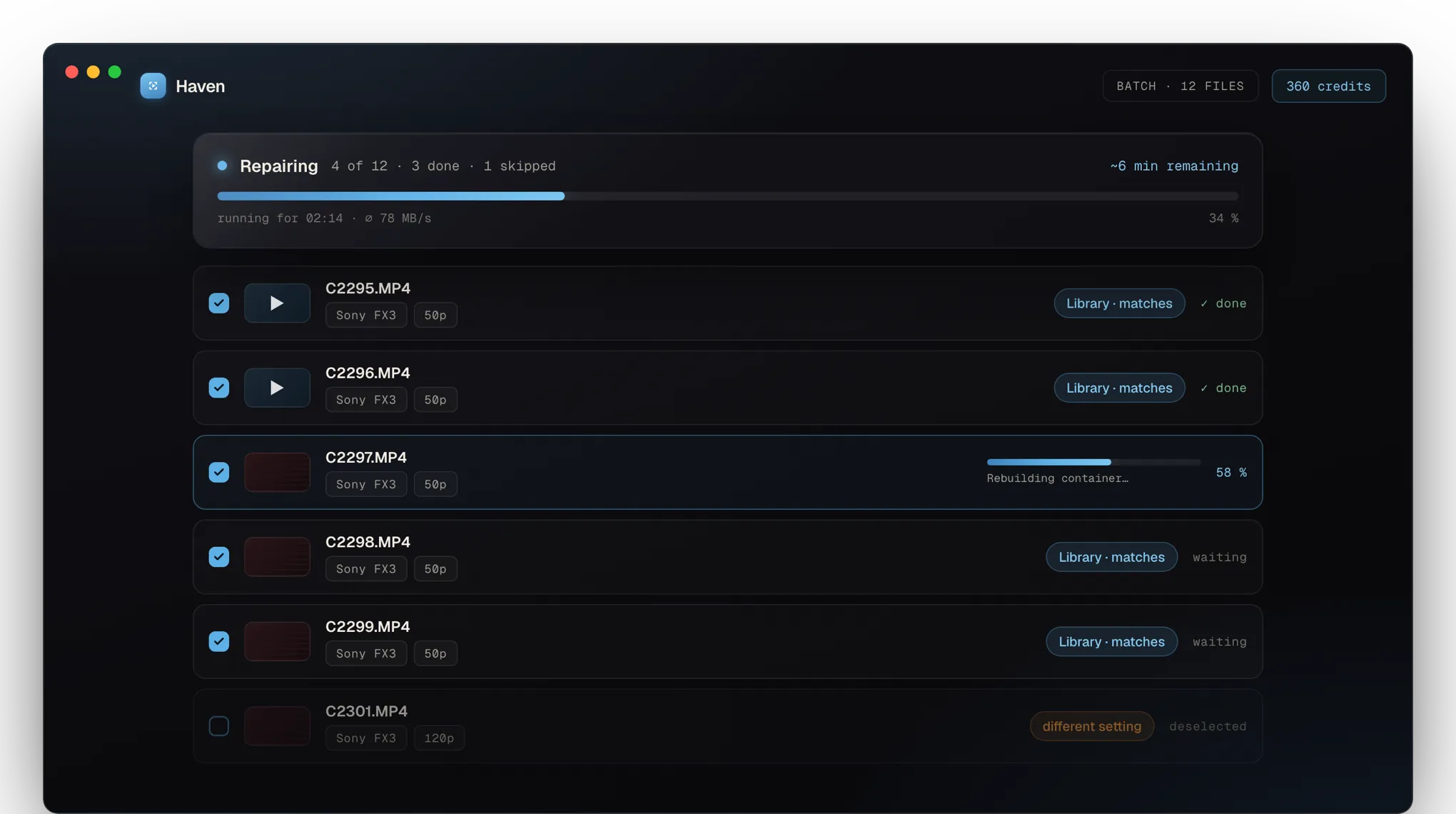 Haven app: batch repair of twelve Sony FX3 files with overall progress and time remaining.