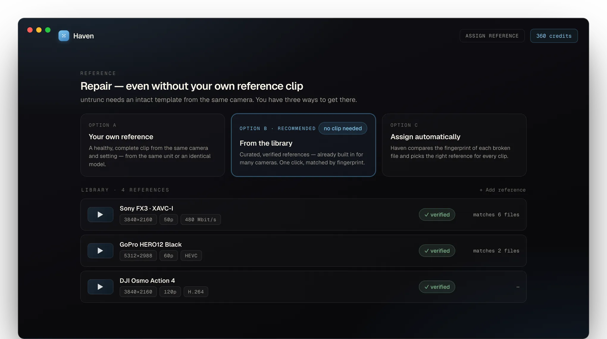 Haven app: reference library with options A, B and C plus verified camera references.
