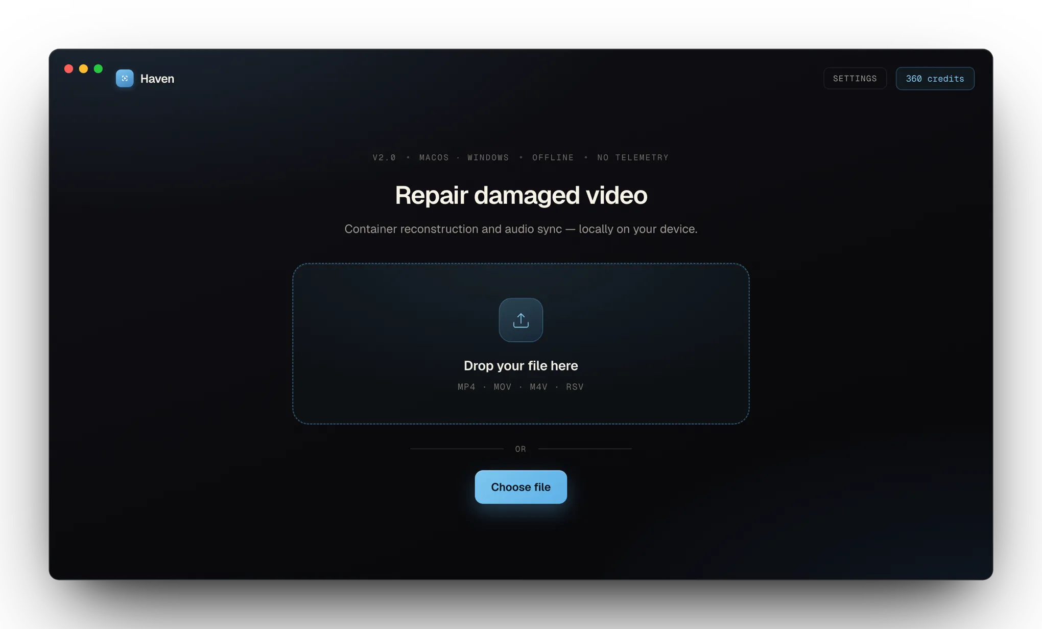 Haven app: the start screen with the drop area for damaged MP4, MOV, M4V and RSV files