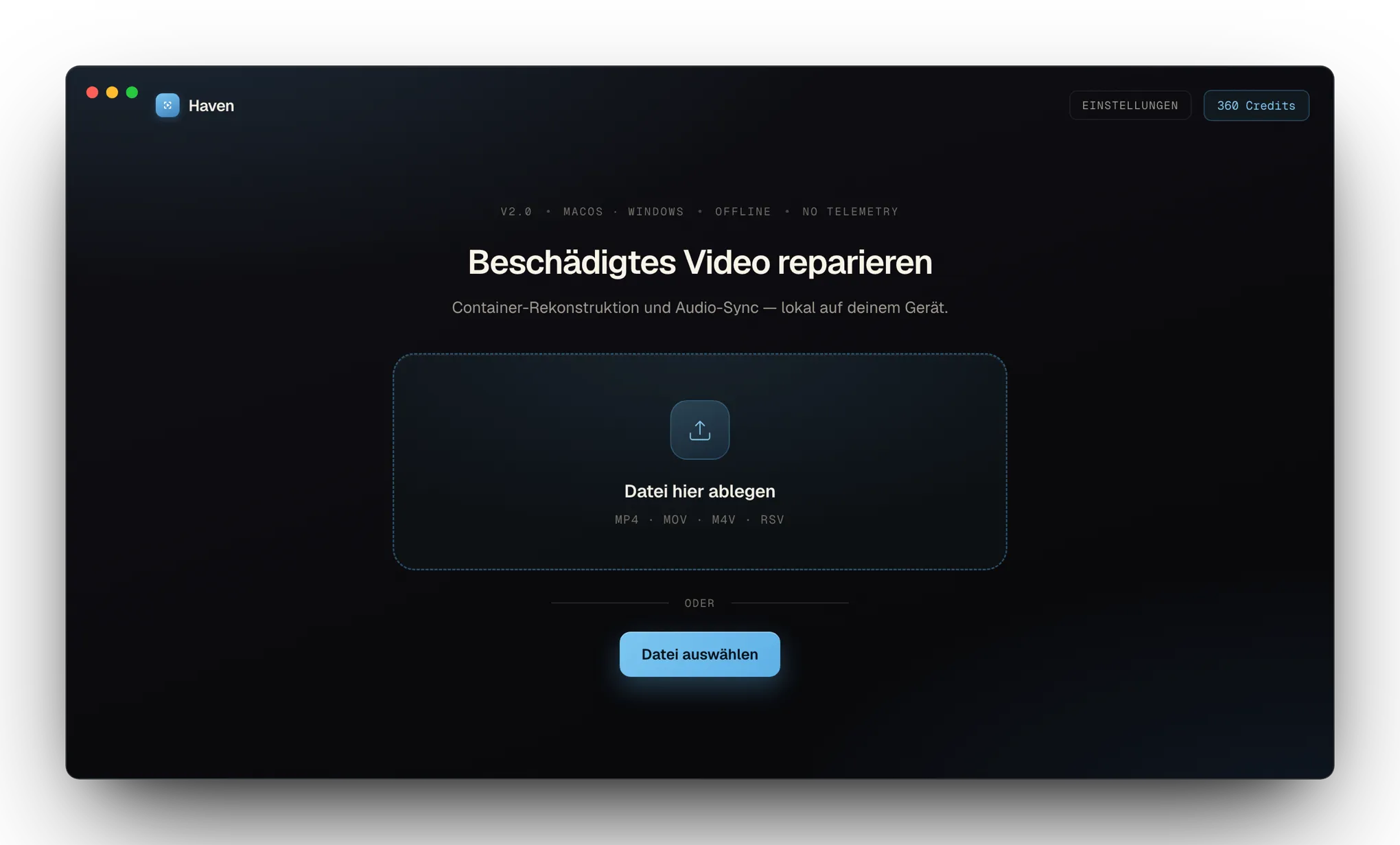 Haven-App: der Startbildschirm mit der Ablagefläche für beschädigte MP4-, MOV-, M4V- und RSV-Dateien